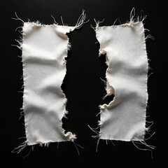 Poster - Two teared rags spread isolated on black. Unbleached beige cotton fabric with torn stitch, ragged hole, loose threads. Damaged blank canvas cloth for web design template. Retro grunge style. Copy
