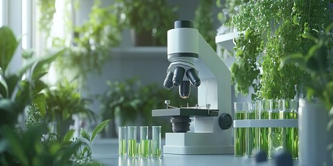 Poster - Research in a green laboratory with a microscope and plant samples showcasing a vibrant scientific environment