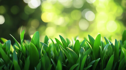 Wall Mural - Lush green grass with soft bokeh background creates tranquility