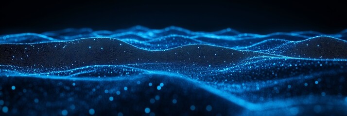 Poster - abstract blue particles wave background. technology, big data flow template. 3d render.