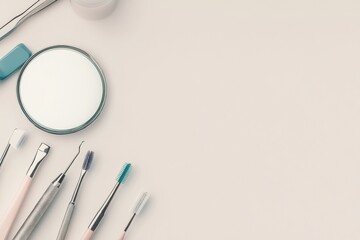 Poster - Clean arrangement of dental tools on a soft background for professional dental care practice Generative AI