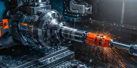 Poster - CNC Milling Machine in Action Cutting Metal with Sparks, High Precision Industrial Manufacturing
