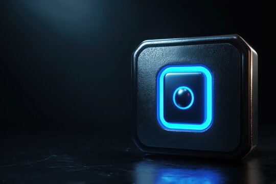 Sleek and modern 3D render of a digital safe, designd with blue neon.