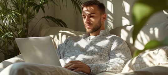 Poster - Focused Man Using Laptop, Sunlight Streaming, Working Remotely, Home Office, Concentrated