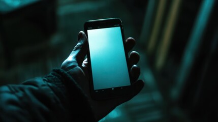 Poster - Hand Holding A Modern Mobile Phone In A Darkened Environment