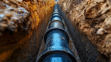 Poster - Modern water supply, sewerage system construction. Underground pipelines installed in trench encased in concrete pipe. Plastic pipes for water, wastewater disposal laid. 32k Resolution