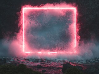Poster - A 3D render featuring glowing lines, a tunnel, and neon lights, set against an abstract virtual reality background with a square portal, arch, and vibrant pink and blue spectrum colors, reminiscent