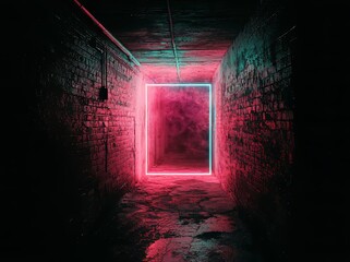 Poster - A 3D rendering of an ultraviolet neon square portal with glowing lines, set within a tunnel or corridor, evoking a virtual reality atmosphere with an abstract fashion background featuring violet neon