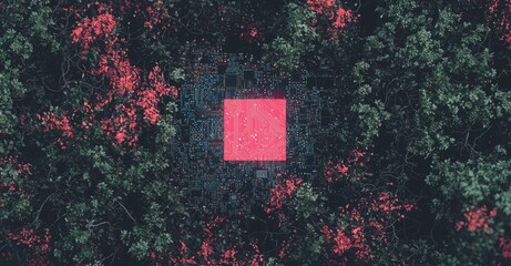 Poster - A high-tech background featuring a geometric and connection system with abstract digital data on a circuit board, created using 3D rendering