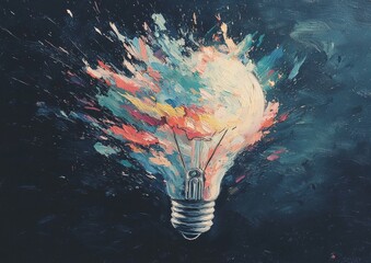 Poster - a creative light bulb bursts with vibrant paint, splattering it across a dark backdrop, symbolizing 
