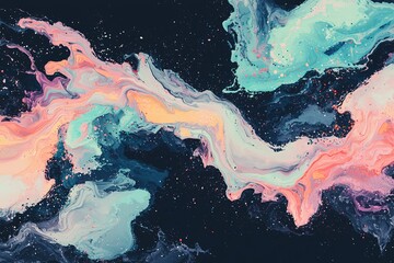 Poster - A stock image of an abstract painting showcases a blue background accompanied by a vibrant pink and yellow swirl located at the bottom