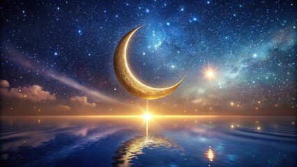 Wall Mural - Golden Crescent Moon Over Tranquil Waters at Sunrise with a Starry Sky