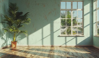 Poster - A light blue abstract background with minimal features is ideal for showcasing products, complete with shadows and light effects from windows on a plaster wall