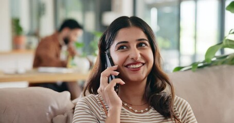 Aufkleber - Woman, phone call and happy on couch for talking, excited and listening on break in living room. Person, smartphone and smile with contact, conversation and gossip with story on sofa at apartment