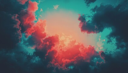 Poster - The sky features an abstract gradient sunrise with a natural blue and orange background