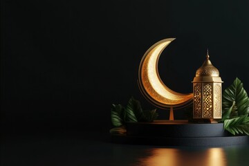 Wall Mural - moon background lantern gold.