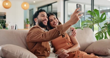 Poster - Happy couple, relax and selfie in home for love, bonding and talk together for memory of marriage. Man, woman and picture for photography on sofa, social media post or embrace partner in relationship