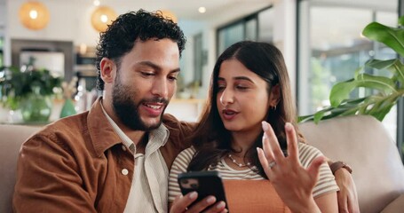 Poster - Happy couple, relax and phone in home for discussion, online shopping and purchase together. Man, woman and mobile on sofa for credit score, financial loan and banking with account on internet app