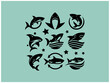 © Rina - Shark logo collection: Nine powerful vector designs for branding. A collection of nine stylized shark logos, set against a muted teal background.
