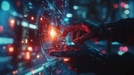 Poster - Cybernetic Touch: A close-up, focusing on a cybernetic hand interacting with a futuristic glowing interface, embodying the fusion of human and machine