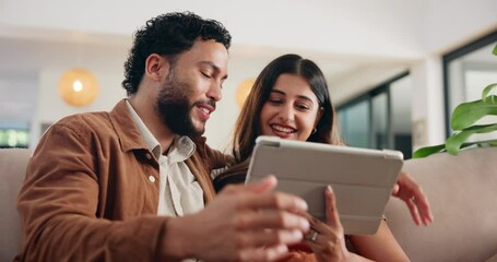 Poster - Smile, talking and tablet with couple on sofa for social media post, bonding and online update. Happiness, newsletter subscription and connection with man and woman in living room at home for scroll