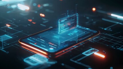 Poster - Cyber Era Smartphone: A futuristic depiction of a smartphone glowing with neon light, showcasing its complex circuits and data streams, representing the evolution of mobile technology.