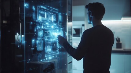 Poster - man interacting with high-tech display: a man interacts with a glowing high-tech interface in a futu