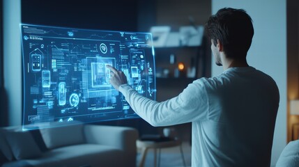 Poster - Interactive Tech Interface: Man interacts with an advanced futuristic interface displaying complex data, highlighting technology's potential. 