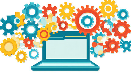 Poster - Innovative technology concepts with gears and laptop digital workspace graphic design creative environment bright colors