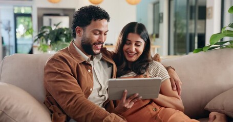 Poster - Couple, tablet and laugh on sofa, relax and scroll on web with social network, meme and talk in living room. People, man and woman with touchscreen, application and funny post in lounge at apartment
