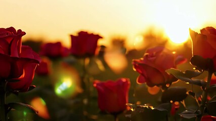 Wall Mural - delicate floral scene bathed golden sunset light featuring close up red roses swaying gently passing breeze