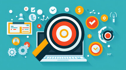 Poster - Digital marketing analysis online platforms infographic design modern workspace aerial view business strategy insights