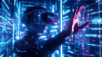 Poster - Immersive Digital Frontier: A person explores the vibrant, futuristic world of virtual reality. They interact with the digital environment, gesturing and experiencing the cutting-edge technology.