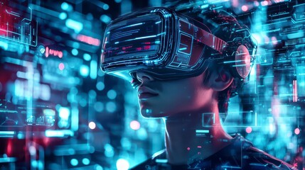 Poster - Virtual Reality Immersion: A person is deeply engrossed in a virtual reality experience, wearing a sleek VR headset surrounded by a futuristic digital interface. The scene is vibrant.