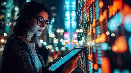 Poster - Woman engaged with Technology: A focused young woman engrossed in the vibrant glow of a digital tablet, illuminated by the colorful display of a financial data panel.
