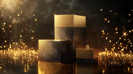 Poster - Golden Podium: A luxurious golden podium is shimmering with bokeh, perfect for showcasing products or celebrating achievements.
