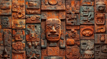 mayan glyphs pattern, intricate ancient script design, seamless layout, earthy color palette, ideal 