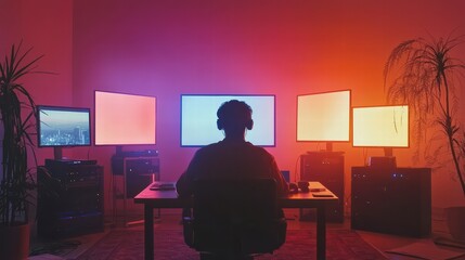 Poster - Tech Enthusiast at Work: A silhouette of a tech-savvy individual engrossed in work or entertainment, surrounded by a constellation of illuminated monitors, casting a vibrant glow. 