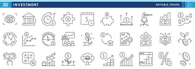 Leinwandbilder - A set of line icons related to Investment. Invest, stock, business, growth, time, funding, graph, money, resource, and so on. Vector editable stroke.