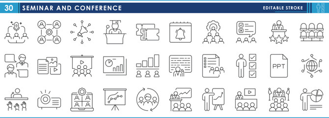 Poster - A set of line icons related to Seminar and Conference. Presentation, present, business, talk, seminar, graduation speech, announcement, release, and so on. Vector editable stroke.