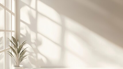 Poster - Sunlight illuminating white wall in empty room with potted plant casting shadows on the floor and wall