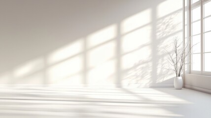 Poster - Sunlight illuminating white wall in empty room with potted plant casting shadows on the floor and wall