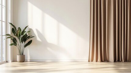 Poster - Sunlight illuminating white wall mockup in empty room with potted plant casting shadows on the floor and wall Copy space for text