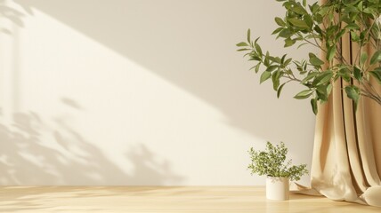 Poster - Sunlight illuminating white wall mockup in empty room with potted plant casting shadows on the floor and wall Copy space for text