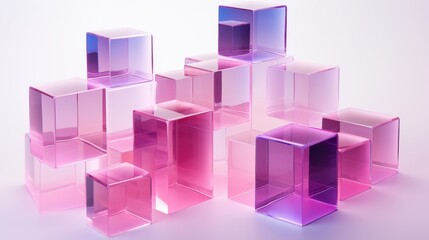 Poster - Abstract Arrangement of Clear Geometric Shapes in Soft Pink and Purple Colors on a Bright White Background for Creative Use Transparent glass with gradient colors