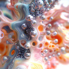 Fototapete - A mesmerizing swirl of colorful streams filled with floating bubbles that reflect blue, pink, orange and silver hues. The dynamic composition conveys a sense of energy and movement