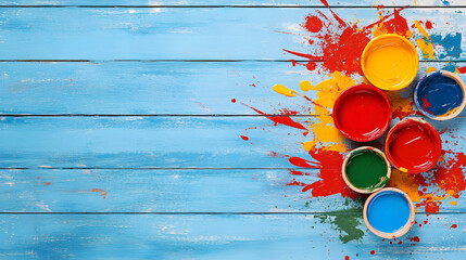 Poster - A colorful arrangement of paint cans spills vibrant colors on a blue wooden background, creating an artistic and playful atmosphere