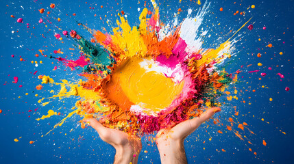 Poster - A vivid explosion of colors splashes from cupped hands against a blue background, symbolizing creativity and celebration