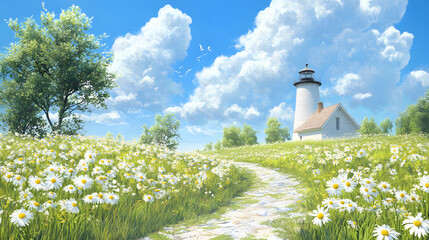 Poster - A serene landscape featuring a lighthouse by a path, surrounded by blooming flowers and vibrant green trees under a bright blue sky with fluffy clouds