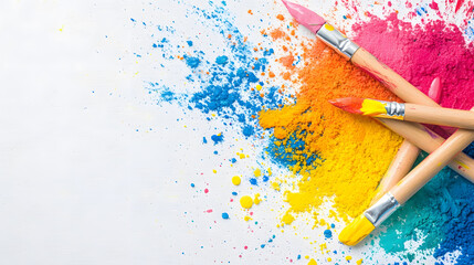 Poster - Colorful paint splashes and brushes create an artistic scene, showcasing vibrant hues against a clean background